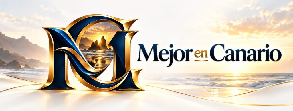 Logotipo de Mejor en Canario sobre una playa canaria al atardecer
